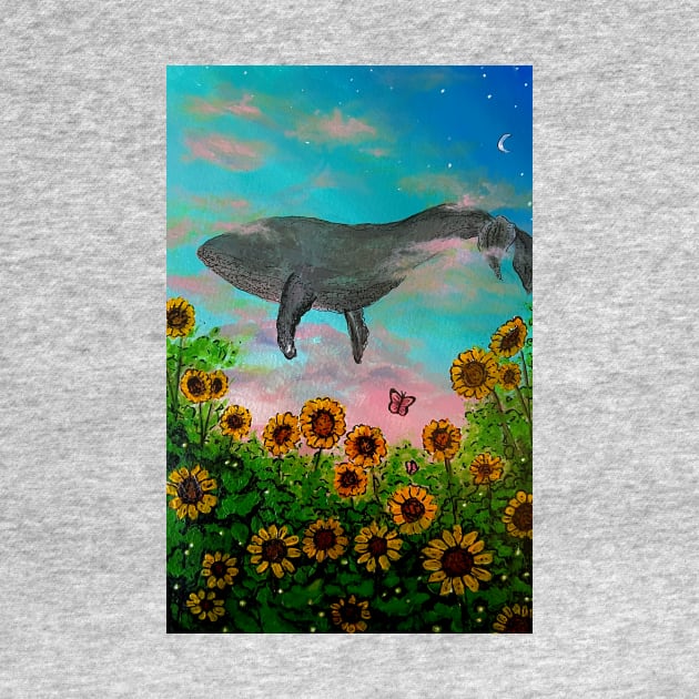 Whale flying in the sky with flower view by Sorbelloart